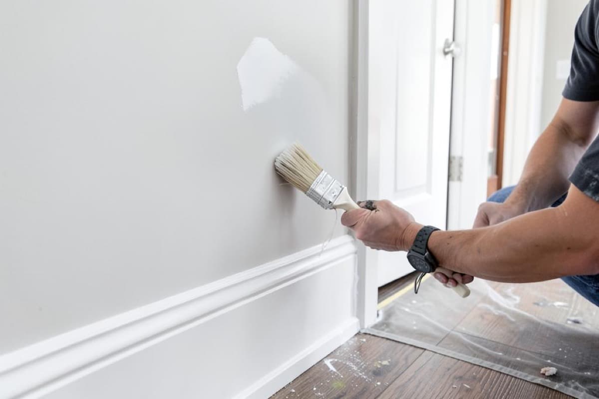 Hand brushing white paint along a baseboard