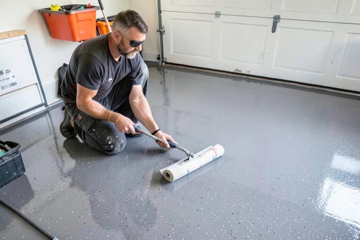 Installer rolling a clear coat over a gray flake garage floor