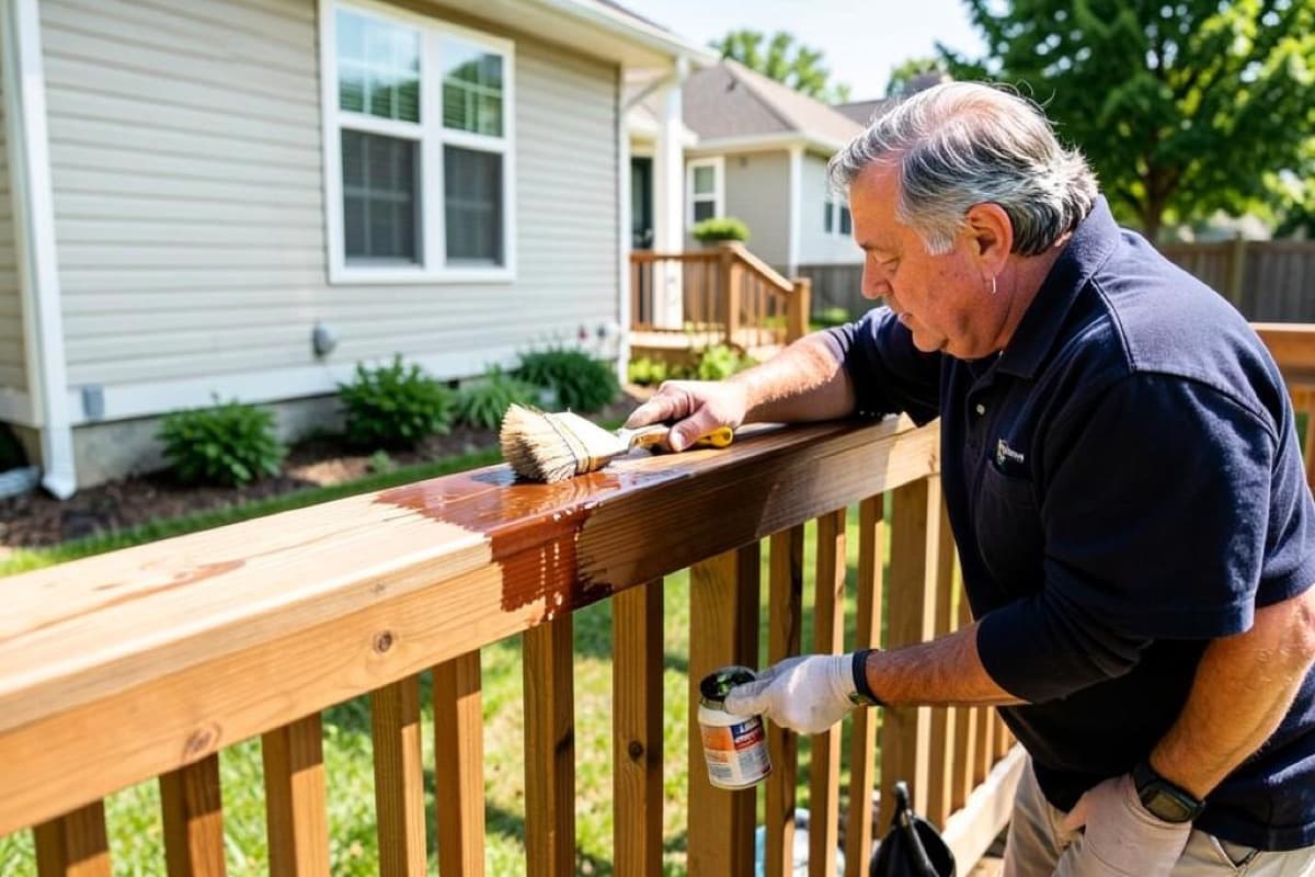 Painter brushing stain onto a wooden deck railing
