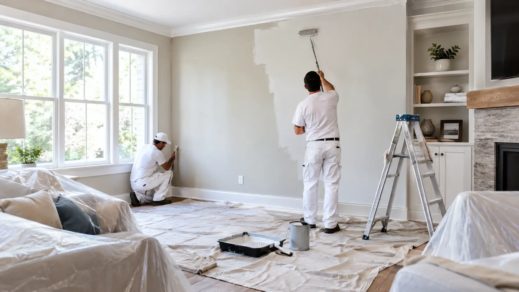 Room prepared for painting with drop cloths and taped trim